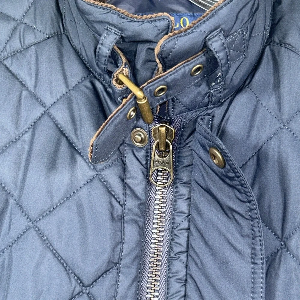 Polo Ralph Lauren Mens Diamond Quilted Navy Vest Leather Trim S Corduroy Collar